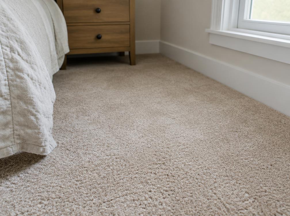 Newly fitted beige twist pile carpet in a Shropshire bedroom