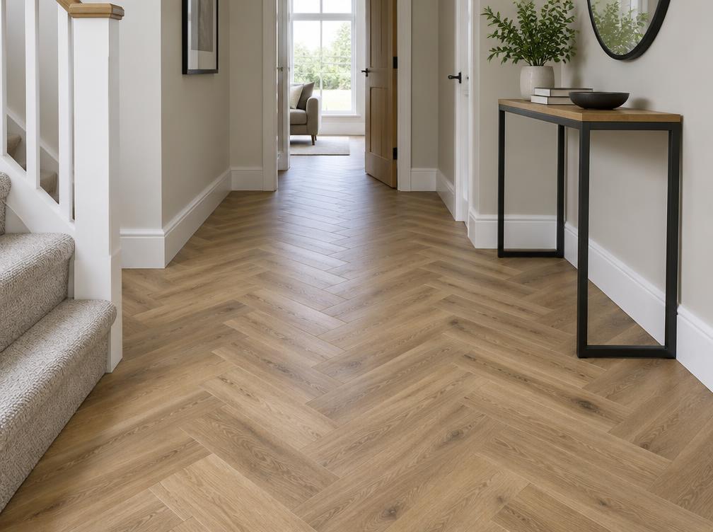 Herringbone luxury vinyl tile flooring laid in a hallway